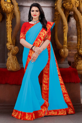 Volmina Solid/Plain Chanderi Cotton Blend Saree(Light Blue)