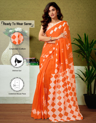 Samah Floral Print, Geometric Print, Printed Sambalpuri Chanderi, Cotton Blend Saree(Orange)