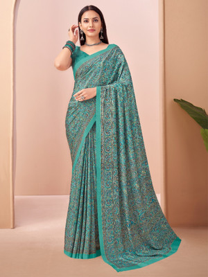 Tasrika Floral Print, Geometric Print, Digital Print, Printed Bollywood Crepe Saree(Light Green)