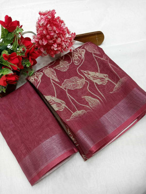 MAANVIT Printed Kanjivaram Cotton Linen, Linen Saree(Maroon)