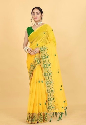 Mokshicreation Embroidered, Embellished Bollywood Net, Cotton Silk Saree(Yellow)