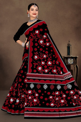 mahakali Printed Bandhani Pure Cotton Saree(Black)
