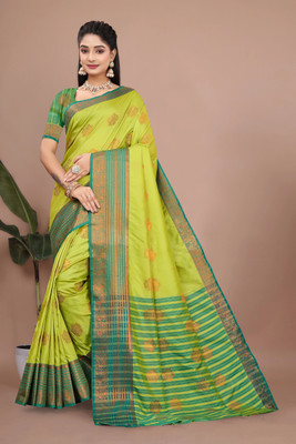 Nikita Fashion Tie-Dye Kanjivaram Jacquard Saree(Green, Yellow)