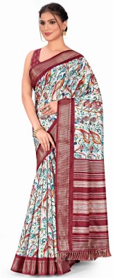 siya silk studio Digital Print, Embellished Bollywood Linen Saree(White)