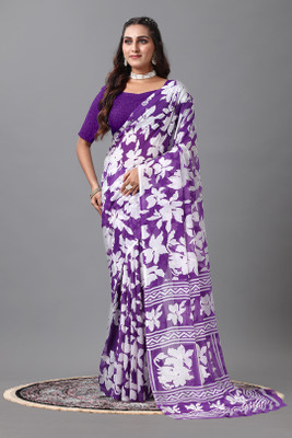 Virendra Textiles Digital Print Handloom Cotton Silk Saree(Purple)