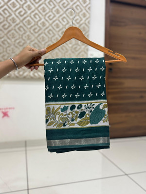 Chandan Fabrics Printed Kalamkari Mulmul Saree(Dark Green)