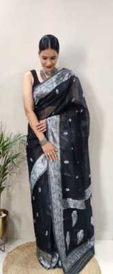 MIRMAN Woven Kanjivaram Pure Cotton Saree(Black)