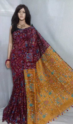 trogon Printed Handloom Cotton Silk Saree(Maroon)