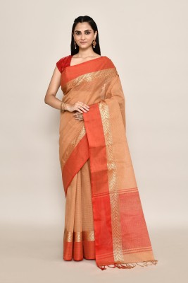 puku Woven Handloom Pure Cotton Saree(Beige)