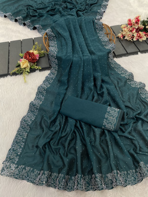 AAINA CREATION Embellished Bollywood Silk Blend Saree(Dark Blue)