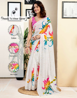 Samah Floral Print, Geometric Print, Printed Daily Wear Pure Cotton Saree(White, Multicolor)