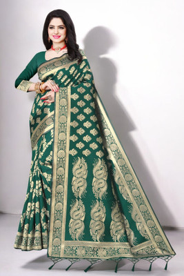 Pikham Woven Banarasi Art Silk Saree(Dark Green)