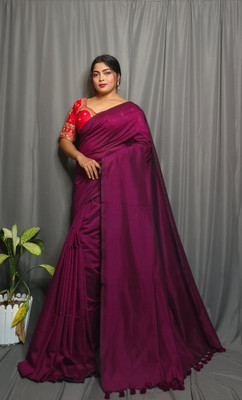 TutunDebnath Solid/Plain Handloom Cotton Blend Saree(Magenta)