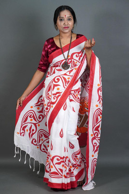 GOLU Printed Handloom Cotton Blend Saree(White)