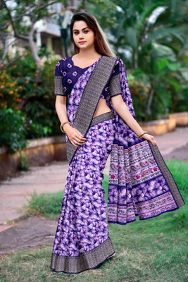 DHARMRAJ ENTERPRISE Floral Print, Woven, Printed Banarasi Cotton Blend Saree(Multicolor)