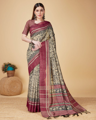 SareeFactory Digital Print, Temple Border, Printed, Graphic Print Bollywood Cotton Blend, Cotton Silk Saree(Beige, Maroon)