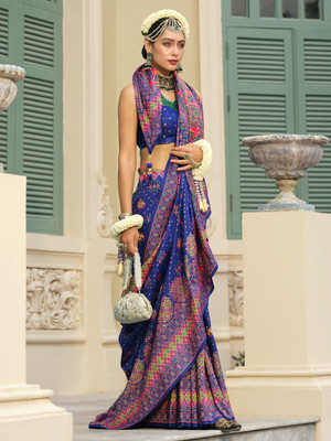 Sareemall Printed Banarasi Silk Blend Saree(Dark Blue)