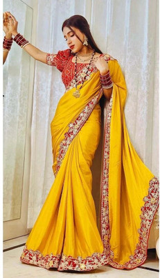 zili Embellished, Printed Banarasi Silk Blend Saree(Yellow)