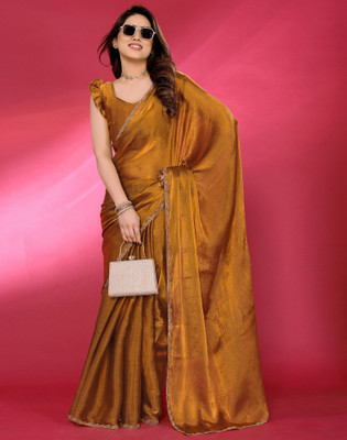 Satrani Embellished, Embroidered, Solid/Plain Bollywood Chiffon Saree(Gold)