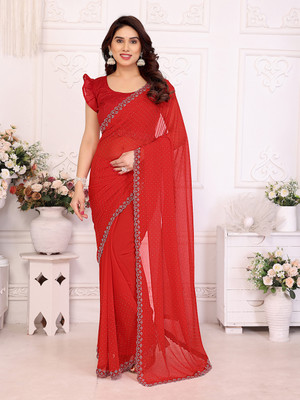 kashvi sarees Embellished, Self Design Bollywood Georgette, Chiffon Saree(Red)