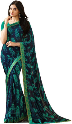 SUPUJIT Printed, Digital Print, Floral Print Bollywood Georgette Saree(Dark Blue)