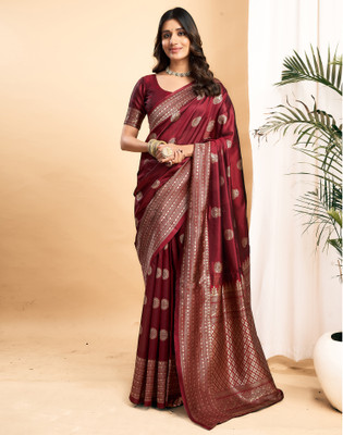 Samah Woven, Embellished Kanjivaram Silk Blend, Jacquard Saree(Maroon)