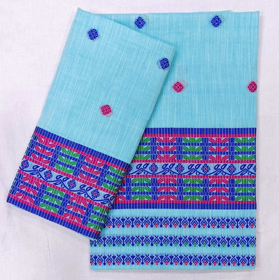 agarval silk mills Woven Mekhela Chador Cotton Blend Saree(Light Blue)