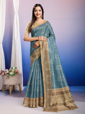 Tasrika Embroidered Bollywood Cotton Silk Saree(Blue)