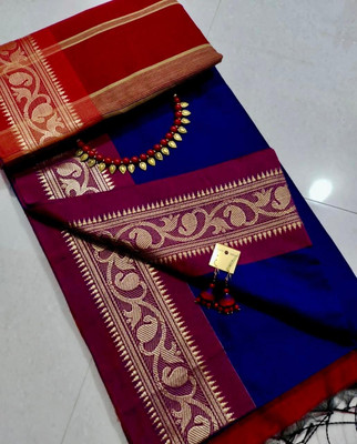 Lakshmi Boutique Color Block, Woven, Striped Handloom Cotton Silk Saree(Maroon, Mustard)