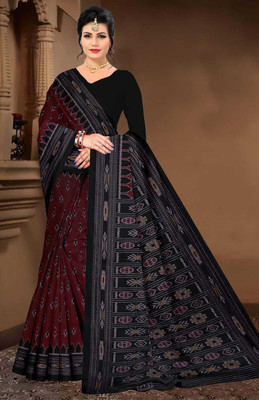 HouseOfCommon Printed Sambalpuri Pure Cotton Saree(Maroon, Black)