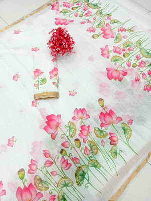 DEVICE of NT Solid/Plain Kanjivaram Pure Cotton, Cotton Linen Saree(White)