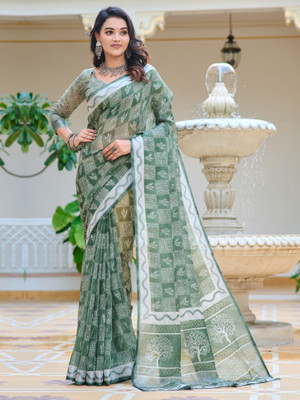 Anouk Rustic Digital Print Chinnalapattu Cotton Linen Saree(Green)