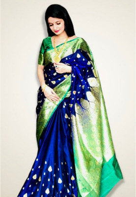 Ansari Fabrics Printed Banarasi Satin Saree(Blue)
