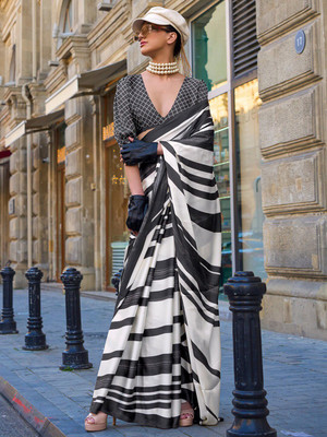 Sangria Printed Daily Wear Satin Saree(Cream)