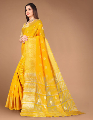 Soham Enterprise Printed, Temple Border, Woven, Embellished, Solid/Plain Banarasi Art Silk, Cotton Silk Saree(Yellow)