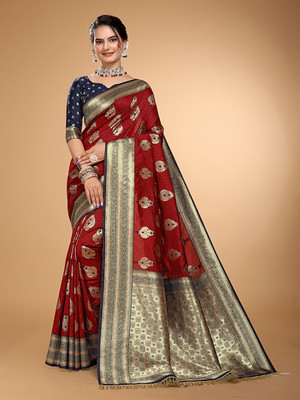 AAGIRI Applique, Dyed, Embellished, Floral Print, Self Design, Woven Banarasi Pure Silk, Jacquard Saree(Maroon)