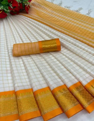 JbWorld Checkered, Woven Gadwal Cotton Silk, Pure Silk Saree(White, Yellow)