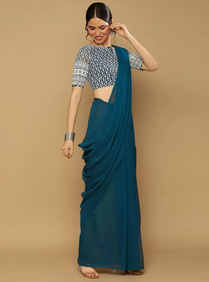 V And V Shop Solid/Plain Bollywood Georgette Saree(Dark Green)