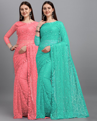 LOROFY Self Design Bollywood Net Saree(Pack of 2, Blue, Pink)