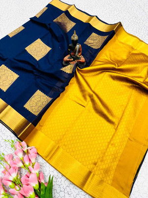 AVANTIKA FASHION Printed Kanjivaram Pure Silk, Art Silk Saree(Blue, Yellow)