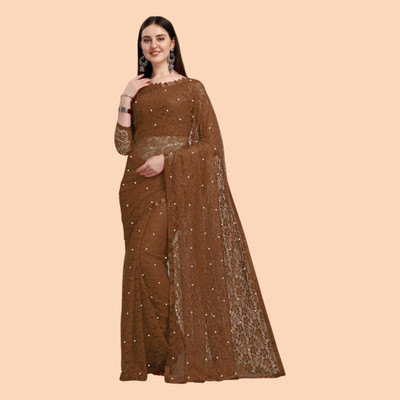 nexxxa Self Design Bollywood Net Saree(Brown)