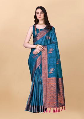 OFLINE SELECTION Floral Print Banarasi Pure Silk Saree(Blue)