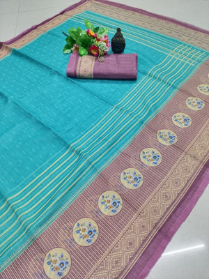 Gajal Printed Bollywood Cotton Linen, Pure Cotton Saree(Light Blue)