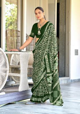 Divastri Blocked Printed Chanderi Cotton Blend Saree(Green)