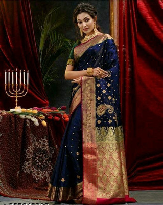 Daniyal Saree Woven, Embroidered Banarasi Satin Saree(Dark Blue)