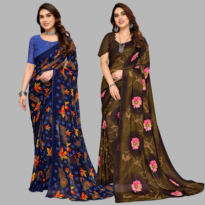 Anand Sarees Printed Daily Wear Georgette Saree(Pack of 2, Black, Brown)