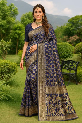 Saadhvi Woven Bollywood Pure Silk Saree(Dark Blue)