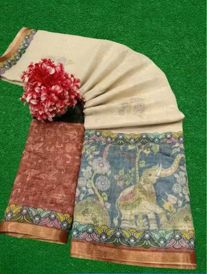 Marabout Digital Print Bollywood Cotton Linen Saree(Brown)