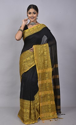 Tant Story Woven Handloom Cotton Blend Saree(Black, Yellow)