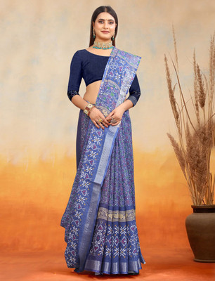 HangerStories Printed Kanjivaram Pure Cotton, Cotton Linen Saree(Blue)